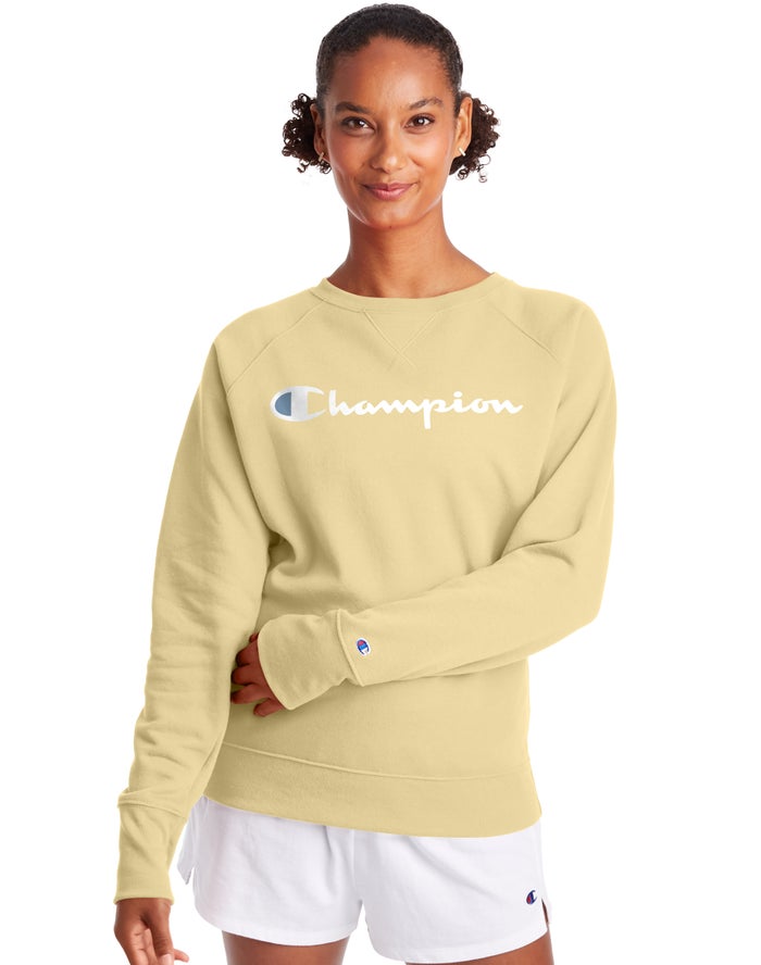 Hanorac Champion Powerblend Fleece Classic Crew Script Logo Dama Galbeni - Romania FUOHNDI-61